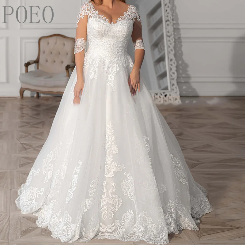 Paloda Glamorous Appliques Trumpet Wedding Dresses For Bride Court Train Off The Shoulder Tulle Short Sleeves Backless V-Neck