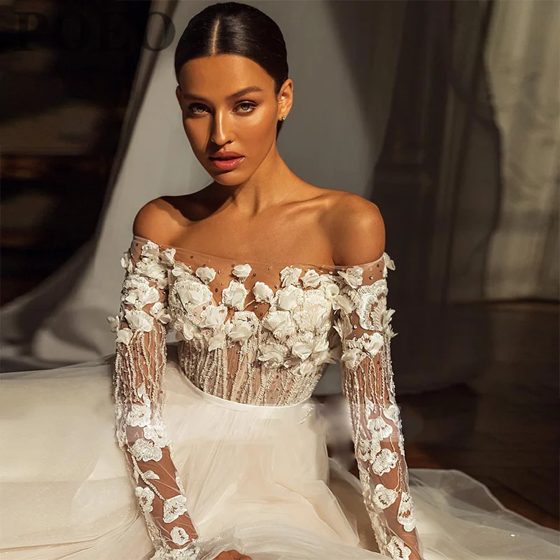 Paloda Glamorous Appliques Trumpet Wedding Dresses For Bride Court Train Off The Shoulder Tulle Short Sleeves Backless V-Neck