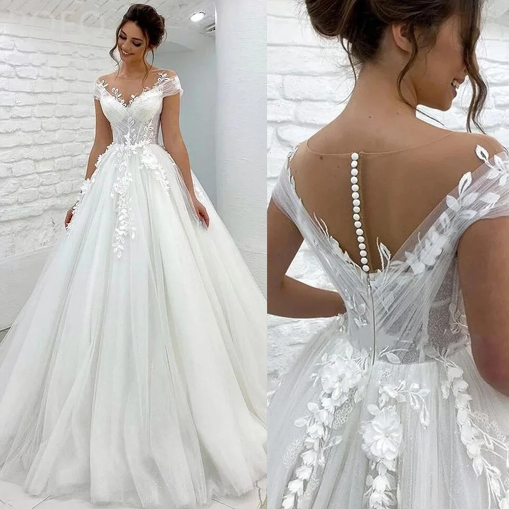 Paloda Glamorous Appliques Trumpet Wedding Dresses For Bride Court Train Off The Shoulder Tulle Short Sleeves Backless V-Neck