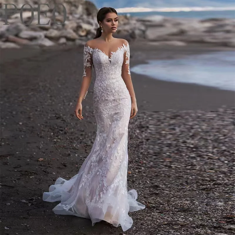 Paloda Glamorous Appliques Trumpet Wedding Dresses For Bride Court Train Off The Shoulder Tulle Short Sleeves Backless V-Neck