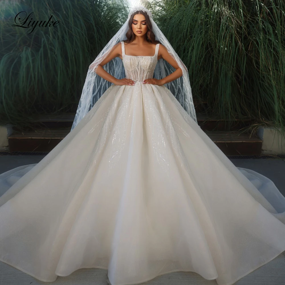 Liyuke Square Collar Ball Gown Wedding Dresses Luxury Stunning Beading Pearls Embroidery Princess Bridal Skirts