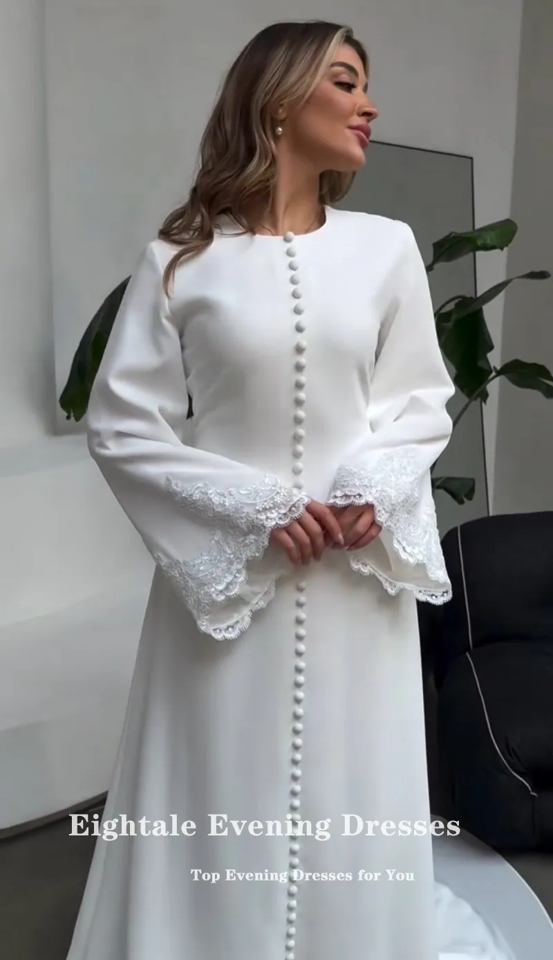 Eightale Arabic Wedding Dresses O-Neck Lace Mermaid Muslim Buttons White Ivory Customized Modest Bridal Gowns Vestidos De Novia