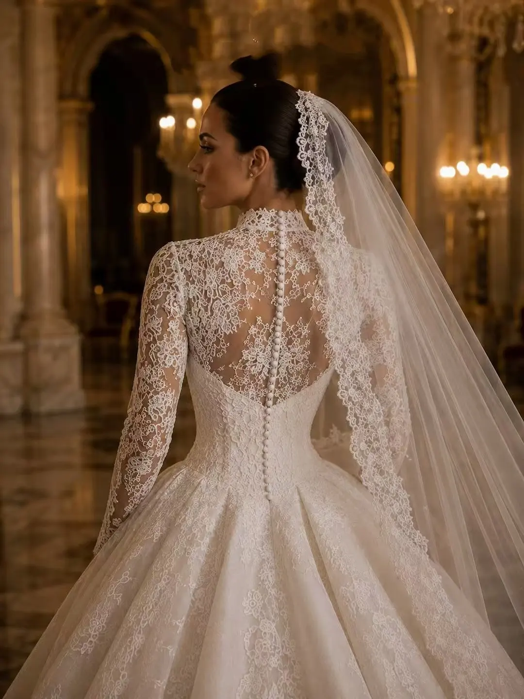 Luxury High Neck Lace Wedding Dress for Bride - Long Sleeve Ball Gown with Cathedral Train Amanda Novias Official Customized