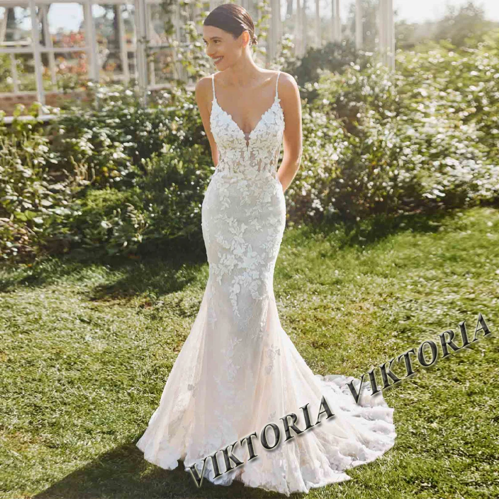 VIKTORIA Charming Trumpet Wedding Gown for Bride Appliques Spaghetti Straps Court Train Robe De Soiree De Mariage Customized
