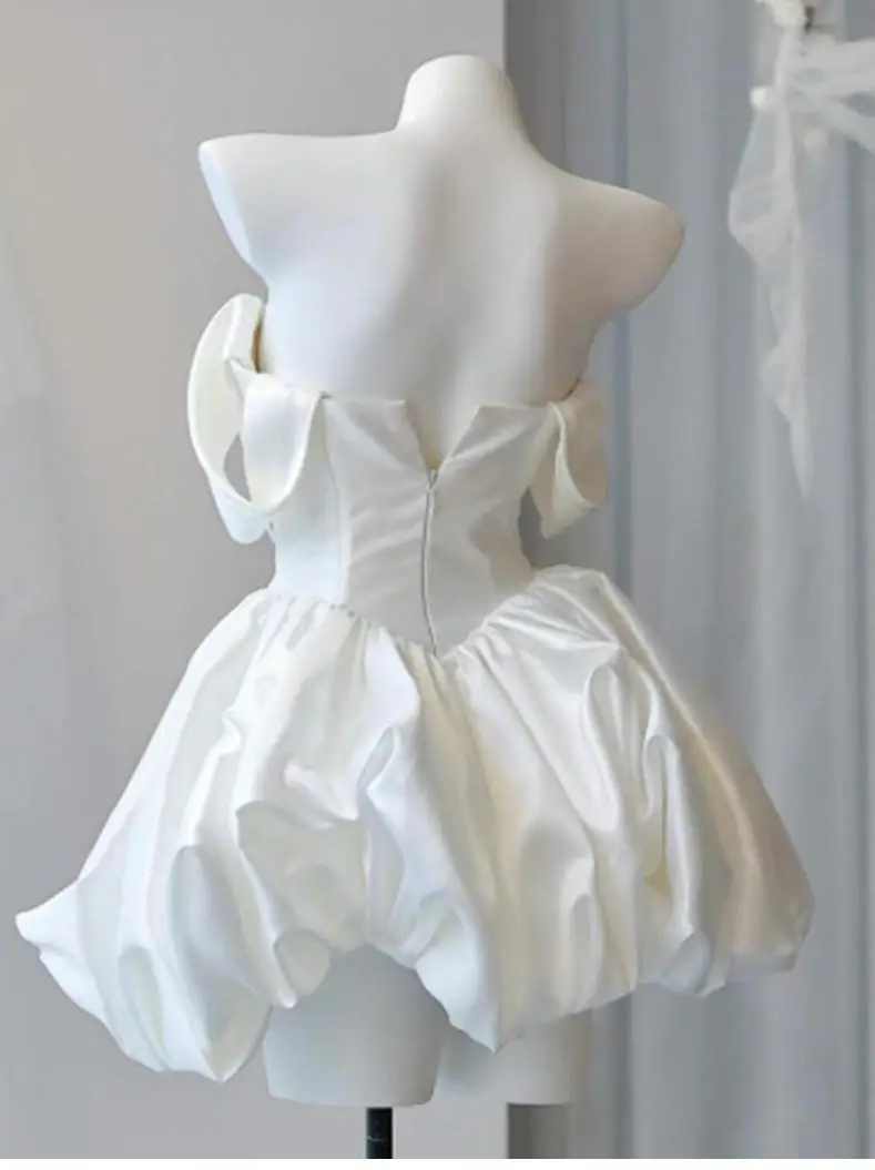 Satin Off Shoulder Light Wedding Dress French Short Style Certified Engagement Dress Birthday Party Banquet Dress Customized