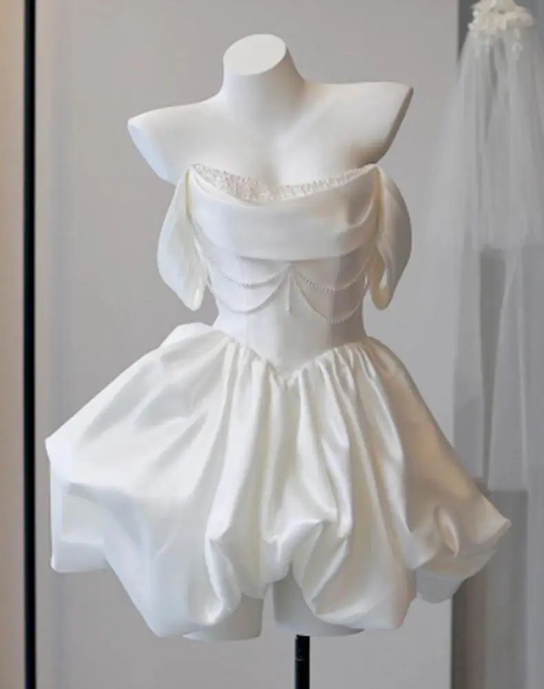 Satin Off Shoulder Light Wedding Dress French Short Style Certified Engagement Dress Birthday Party Banquet Dress Customized