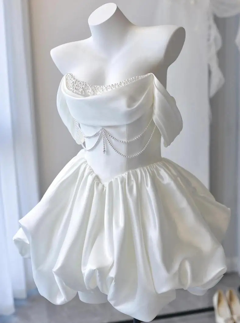Satin Off Shoulder Light Wedding Dress French Short Style Certified Engagement Dress Birthday Party Banquet Dress Customized