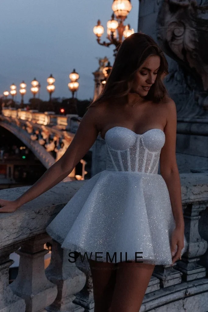SWEMILE Glitter Short Wedding Dress A Line Sweetheart Neck Shiny Bride Dresses Mini Sweetheart Neck Vestido De Novia Customized