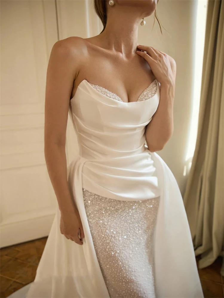 Customized Strapless Sheath Wedding Dress with Sweetheart Neckline Satin Fabric Lace-up Back Floor Length Sweep Train for Bride