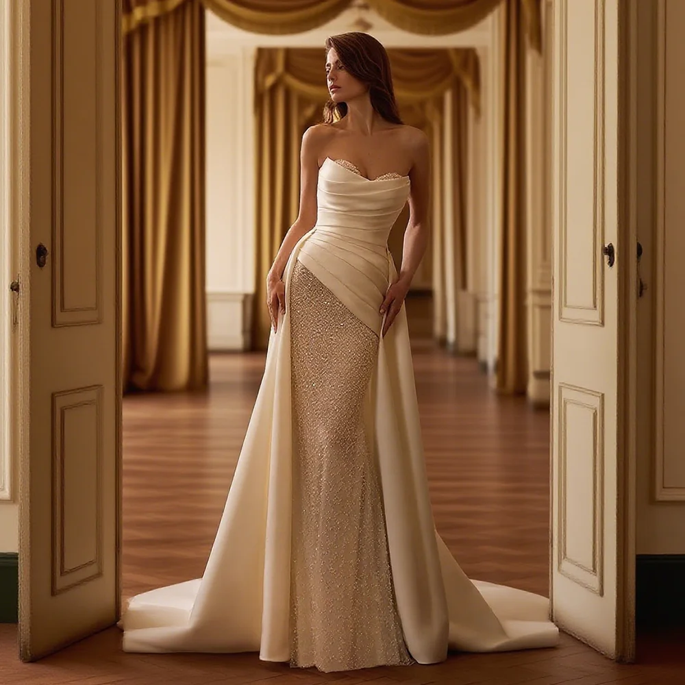 Customized Strapless Sheath Wedding Dress with Sweetheart Neckline Satin Fabric Lace-up Back Floor Length Sweep Train for Bride