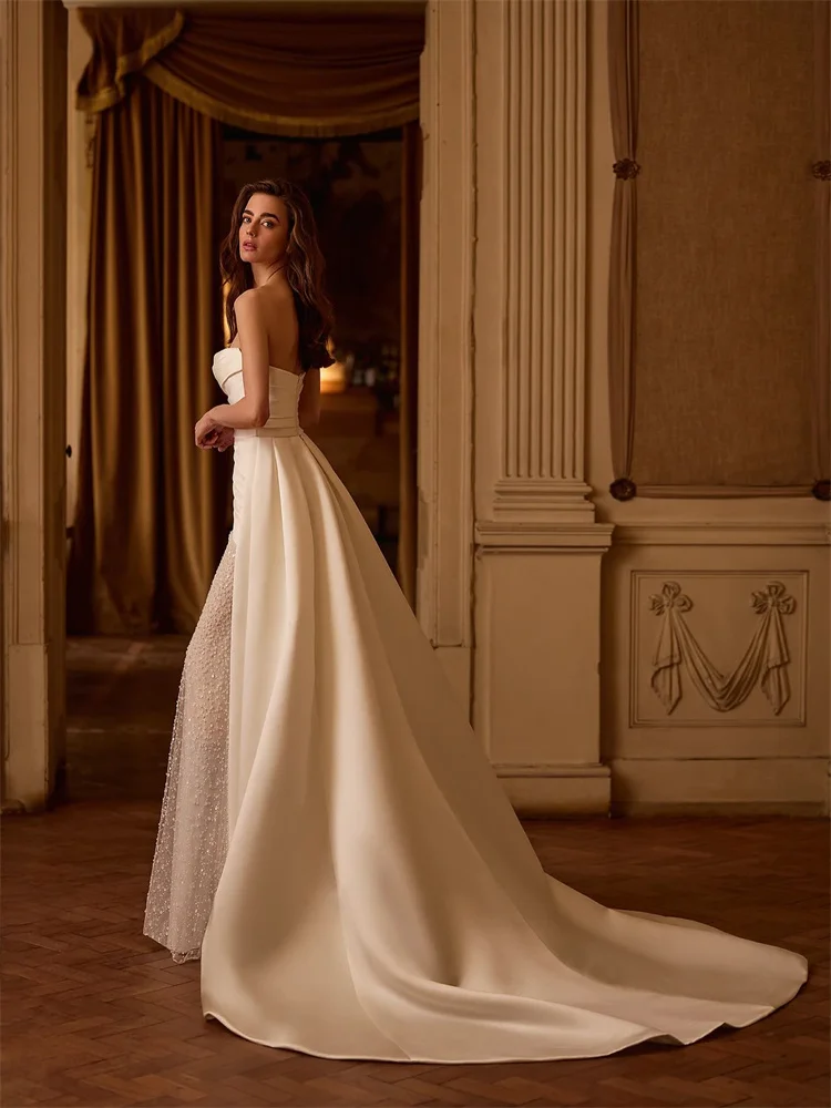Customized Strapless Sheath Wedding Dress with Sweetheart Neckline Satin Fabric Lace-up Back Floor Length Sweep Train for Bride