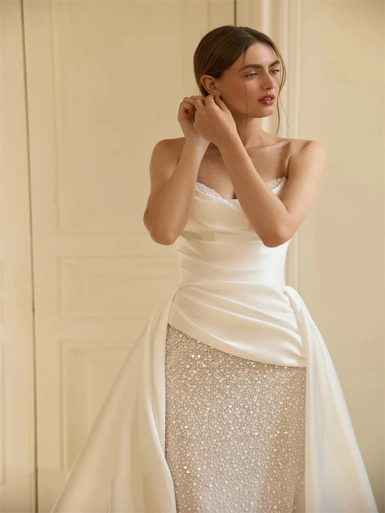 Customized Strapless Sheath Wedding Dress with Sweetheart Neckline Satin Fabric Lace-up Back Floor Length Sweep Train for Bride