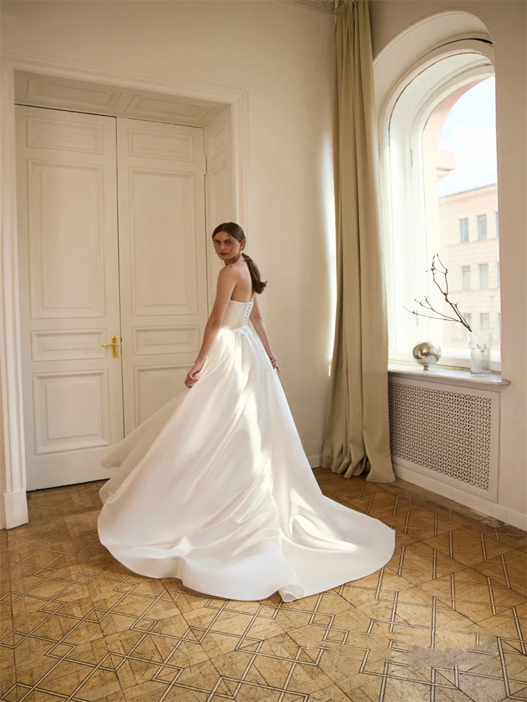 Customized Strapless Sheath Wedding Dress with Sweetheart Neckline Satin Fabric Lace-up Back Floor Length Sweep Train for Bride