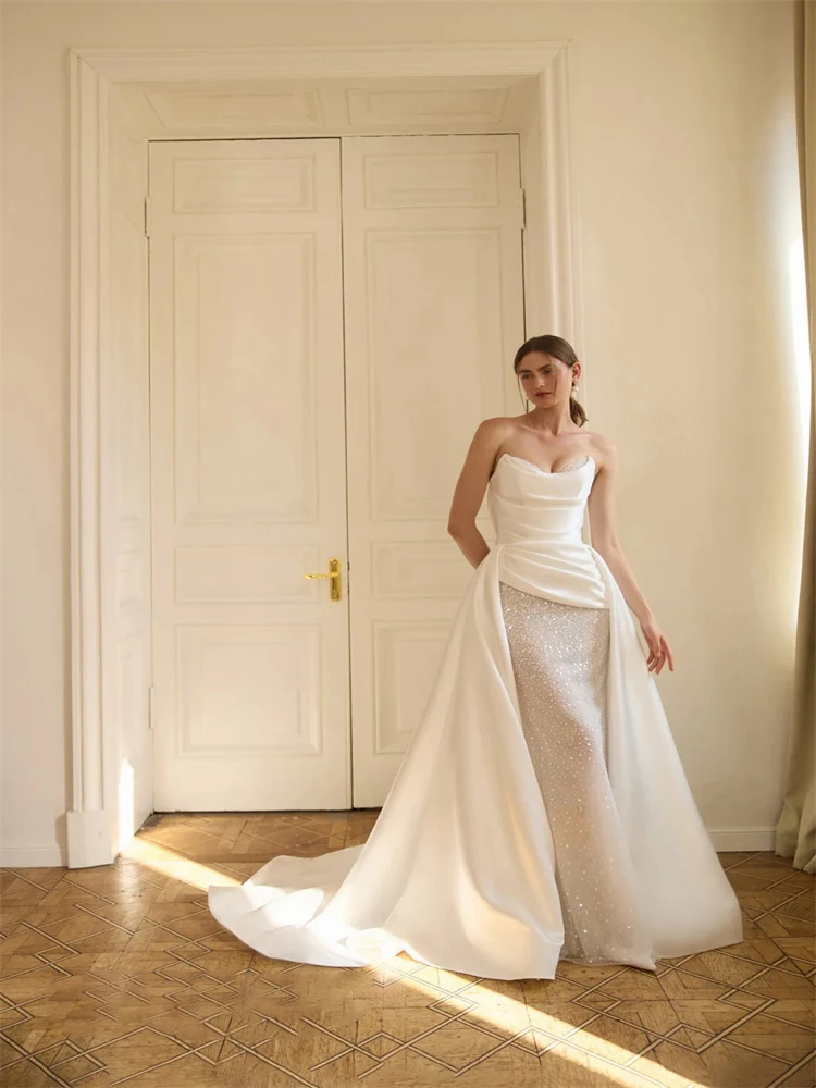 Customized Strapless Sheath Wedding Dress with Sweetheart Neckline Satin Fabric Lace-up Back Floor Length Sweep Train for Bride