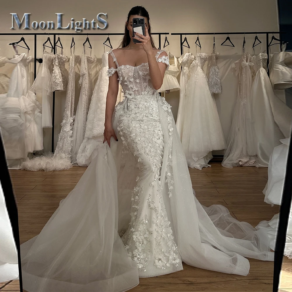 Moonlight Sparkly Wedding Dresses Mermaid Off the Shoulder Appliques Lace up Sequined Vestidos De Novia Brautmode Customized