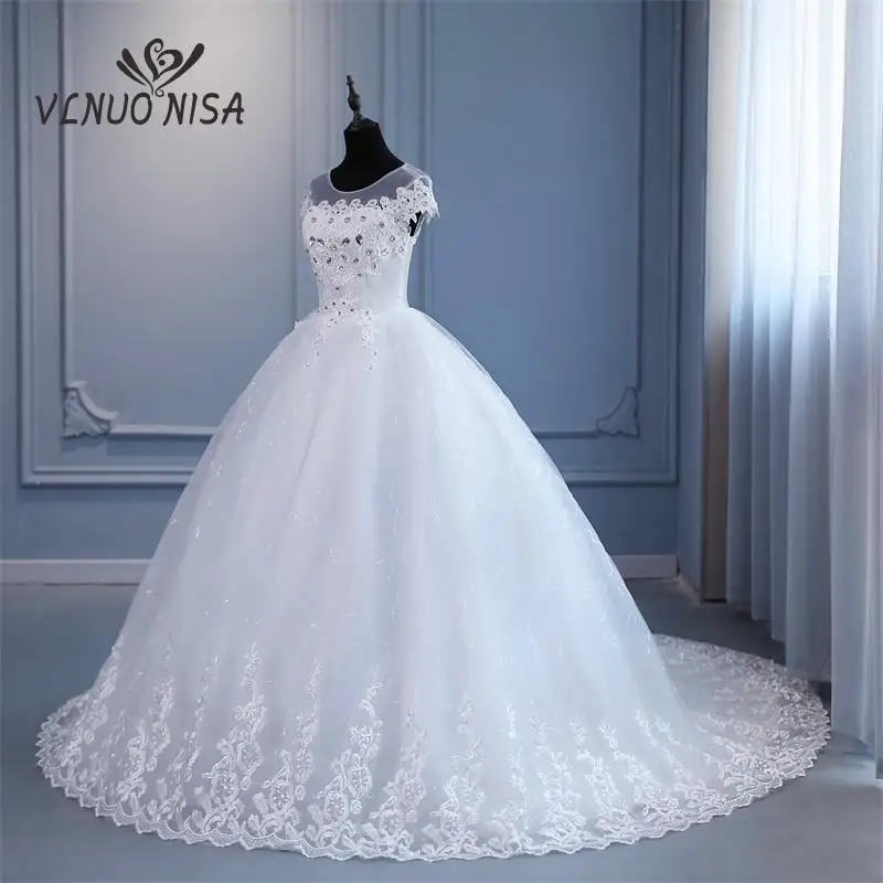 VLNUO NISA Pluse Size Wedding Dress with Sleeve 2024 New O Neck Brides Dress Floor or Train Princess Ball Gown Vestido De Novia