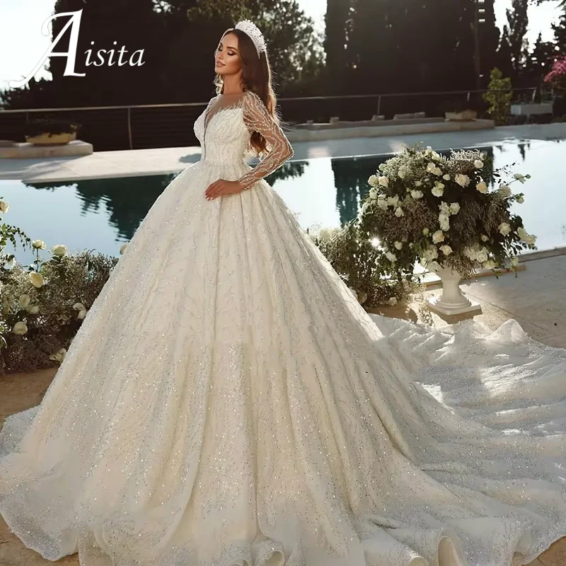 Luxury Wedding Dress A-Line With Bead Lace Sequins Ball Gown Full Sleeves O-Neck Bride Dress Vestido De Novia Customized