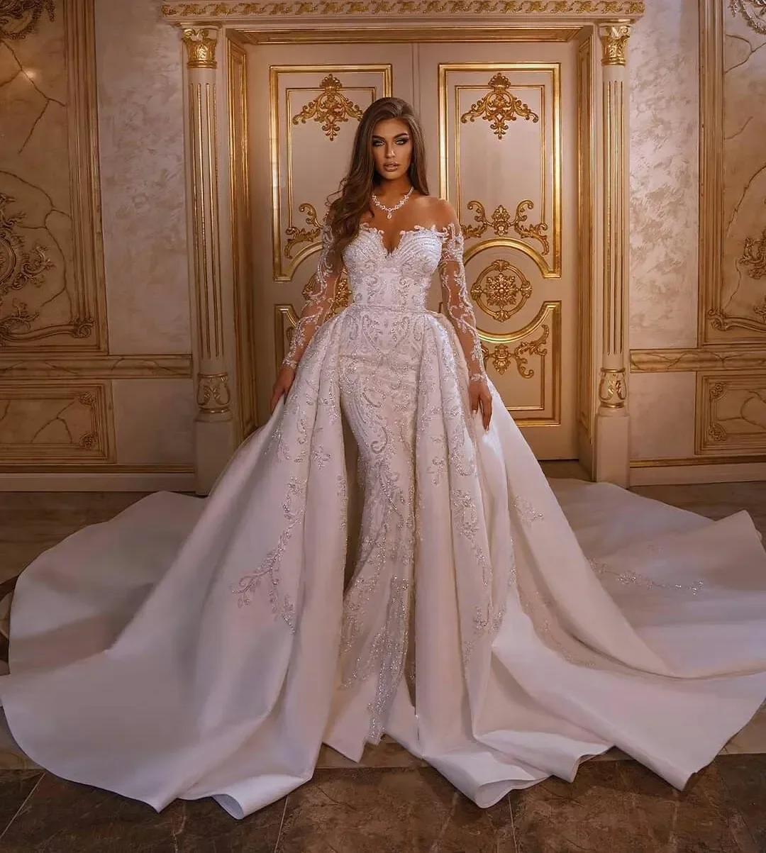 Customised Sexy Illusion Mermaid Satin Wedding Dresses With Detachable Applique Beading Lace Bridal Gowns Vestidos De Novia
