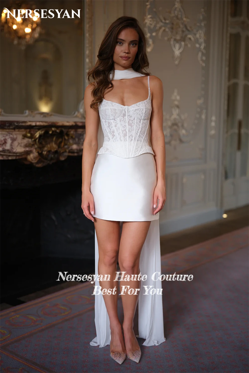 Nersesyan Luxury Lace Wedding Dresses Appliques V Neck Spaghetti Straps Mini Bride Dress Guest Party Bridal Gowns Customized
