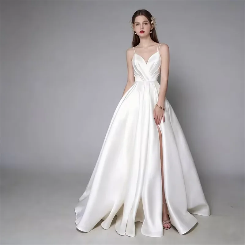 Customized Simple Satin Slit Solid Wedding Dresses Sexy Spaghetti Straps Pleats A Line Bridal Gown Vestido De Noiva with Pockets
