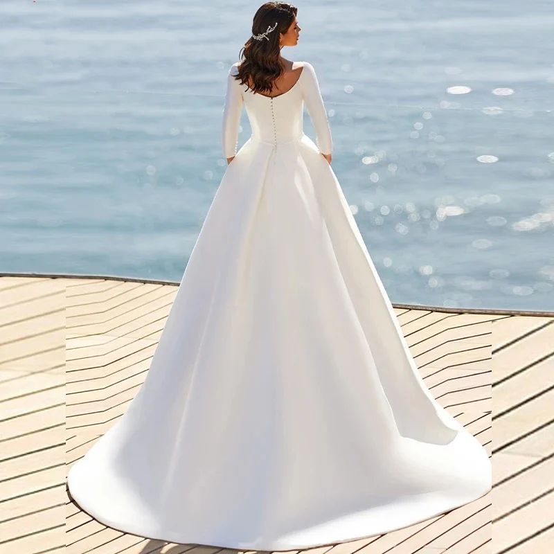 Soft Satin Wedding Dresses For Women Bride Gown 3/4 Sleeves Vestidos De Novia Simple Boda Suknia Ślubna Robe Mariage Customized
