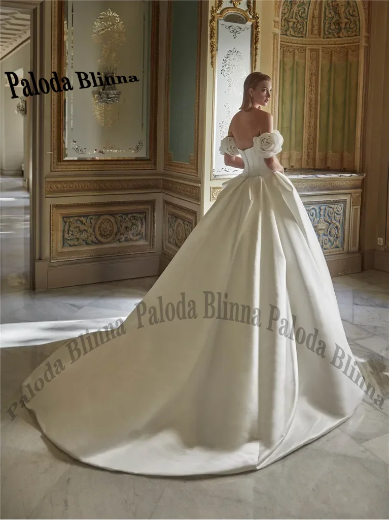 Paloda Modern Satin Wedding Dresses for Women Bridal 3D Flowers Off the Shoulder Buttons Vestido De Casamento Customized