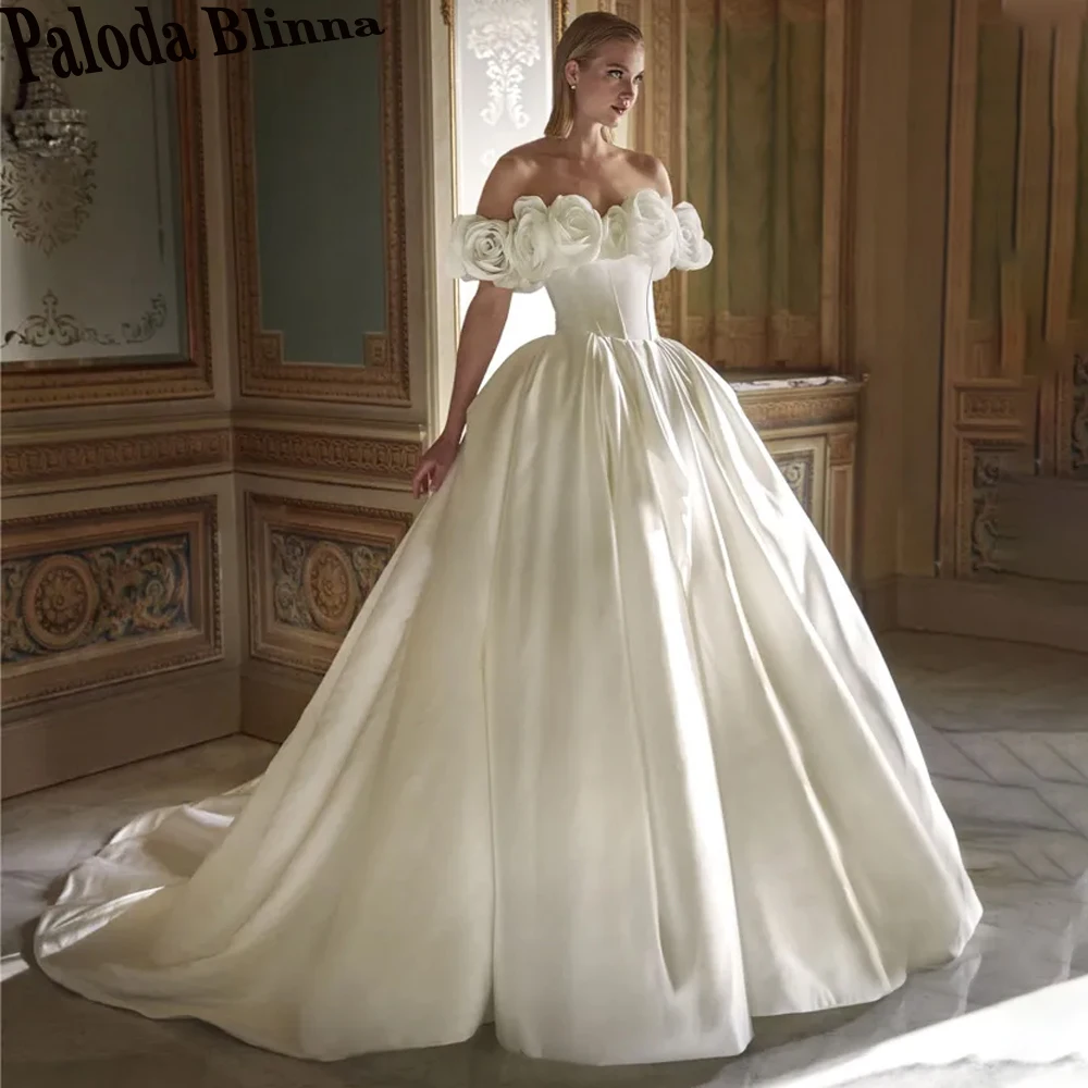 Paloda Modern Satin Wedding Dresses for Women Bridal 3D Flowers Off the Shoulder Buttons Vestido De Casamento Customized