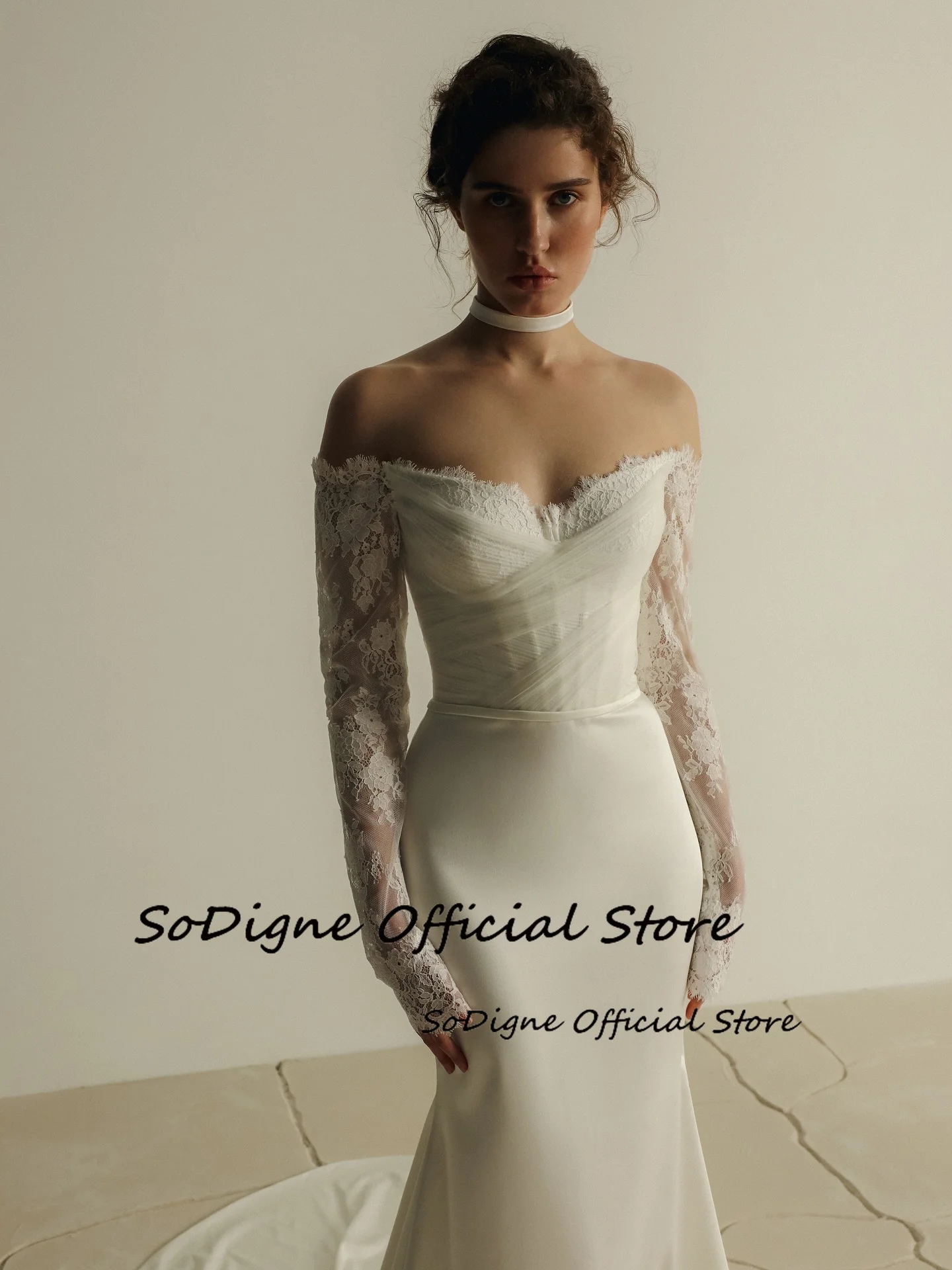  SoDigne Mermaid Satin Wedding Dresses Off Shoulder Lace Sleeves Bridal Dress Long Bride Gown Vestidos De Novia Customized