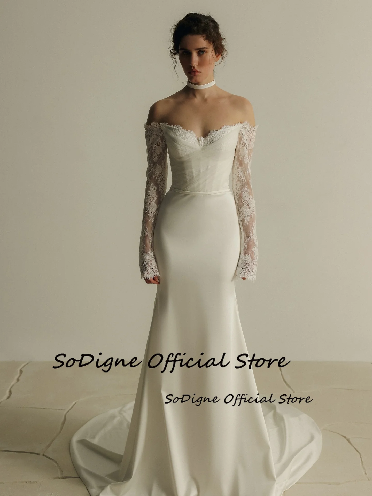  SoDigne Mermaid Satin Wedding Dresses Off Shoulder Lace Sleeves Bridal Dress Long Bride Gown Vestidos De Novia Customized