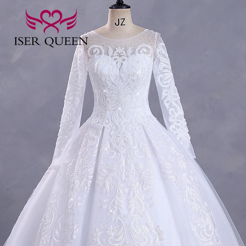 Customized Fashion Long Sleeves Bride Dress For Wedding Small Pearls Beaded Lace Appliques Princess Wedding Dress WX0422