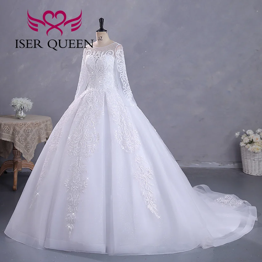 Customized Fashion Long Sleeves Bride Dress For Wedding Small Pearls Beaded Lace Appliques Princess Wedding Dress WX0422