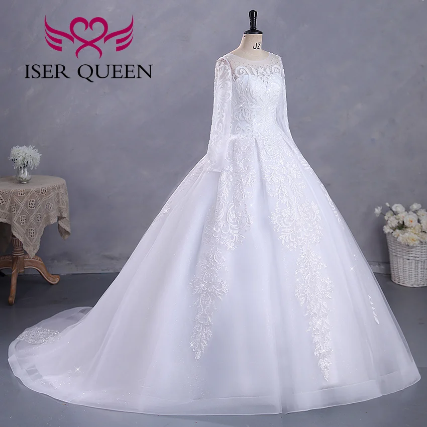 Customized Fashion Long Sleeves Bride Dress For Wedding Small Pearls Beaded Lace Appliques Princess Wedding Dress WX0422