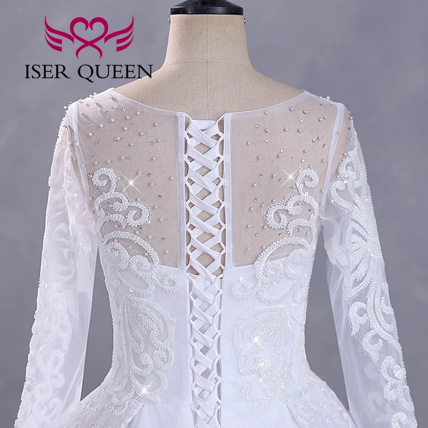 Customized Fashion Long Sleeves Bride Dress For Wedding Small Pearls Beaded Lace Appliques Princess Wedding Dress WX0422