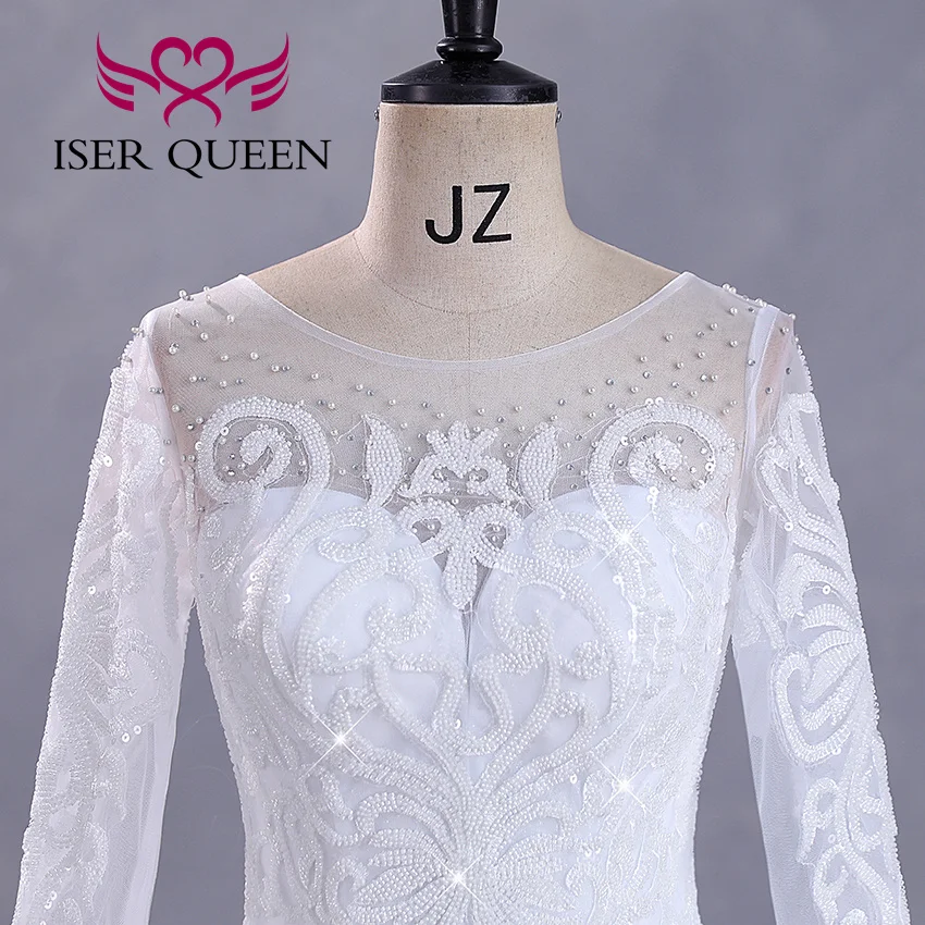 Customized Fashion Long Sleeves Bride Dress For Wedding Small Pearls Beaded Lace Appliques Princess Wedding Dress WX0422