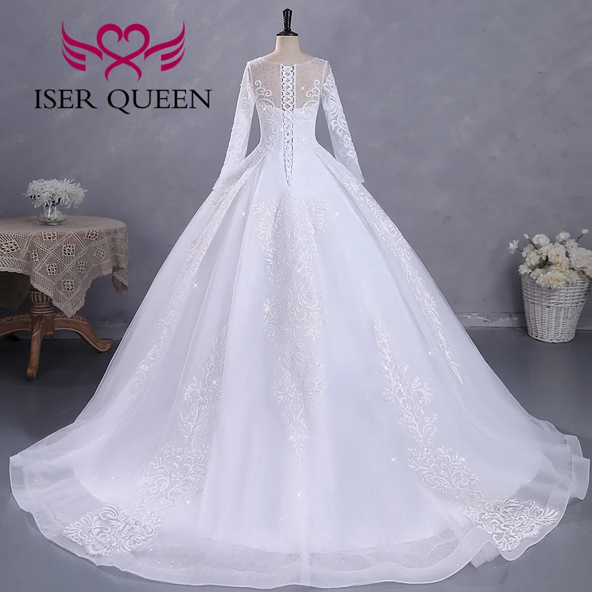 Customized Fashion Long Sleeves Bride Dress For Wedding Small Pearls Beaded Lace Appliques Princess Wedding Dress WX0422