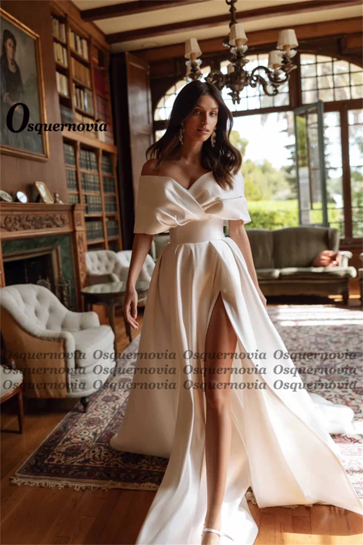 Osquernovia Modern Wedding Dresses for Mariages A-line Off the Shoulder Satin High Slit Lacing up Robe De Mariee Customized