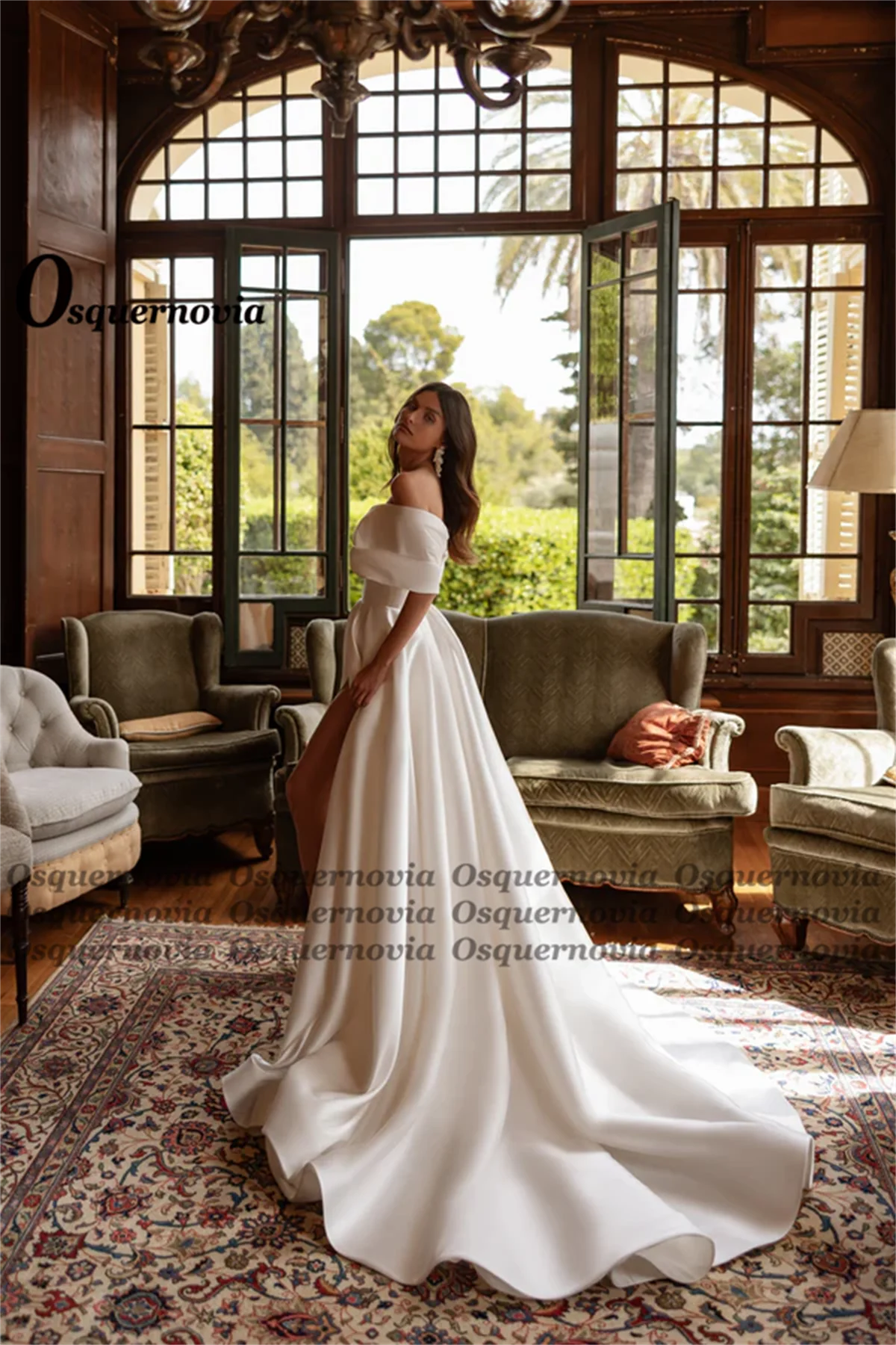 Osquernovia Modern Wedding Dresses for Mariages A-line Off the Shoulder Satin High Slit Lacing up Robe De Mariee Customized