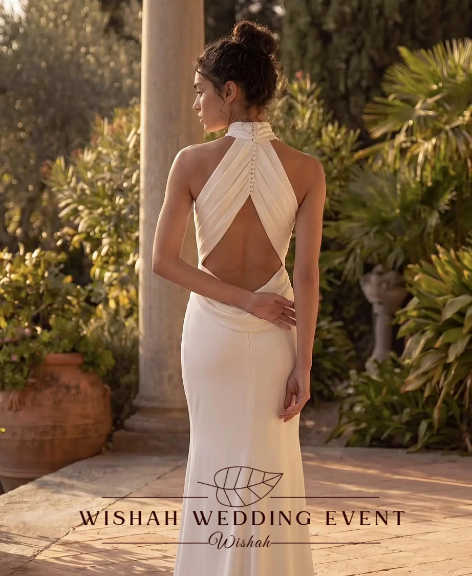 Wishah Customized Elegant White Halter Pleated Sleeveless Backless Button Forked Mermaid Long Bridal Gown for Wedding Party 2027