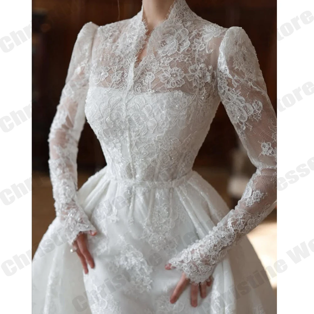 Ivory Women's Bridal Gowns Elegant High Collar Lace Long Sleeve Muslim Princess Prom Wedding Dresses Formal Party Customized De