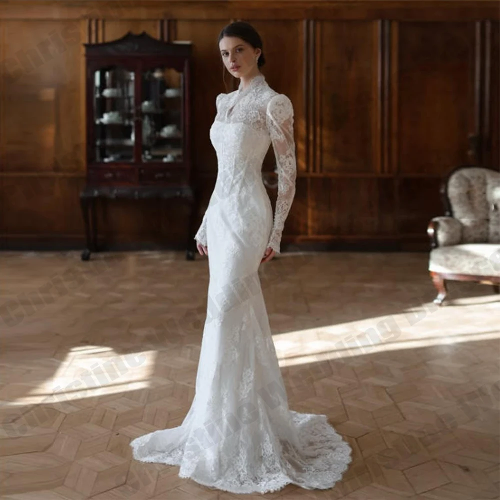 Ivory Women's Bridal Gowns Elegant High Collar Lace Long Sleeve Muslim Princess Prom Wedding Dresses Formal Party Customized De