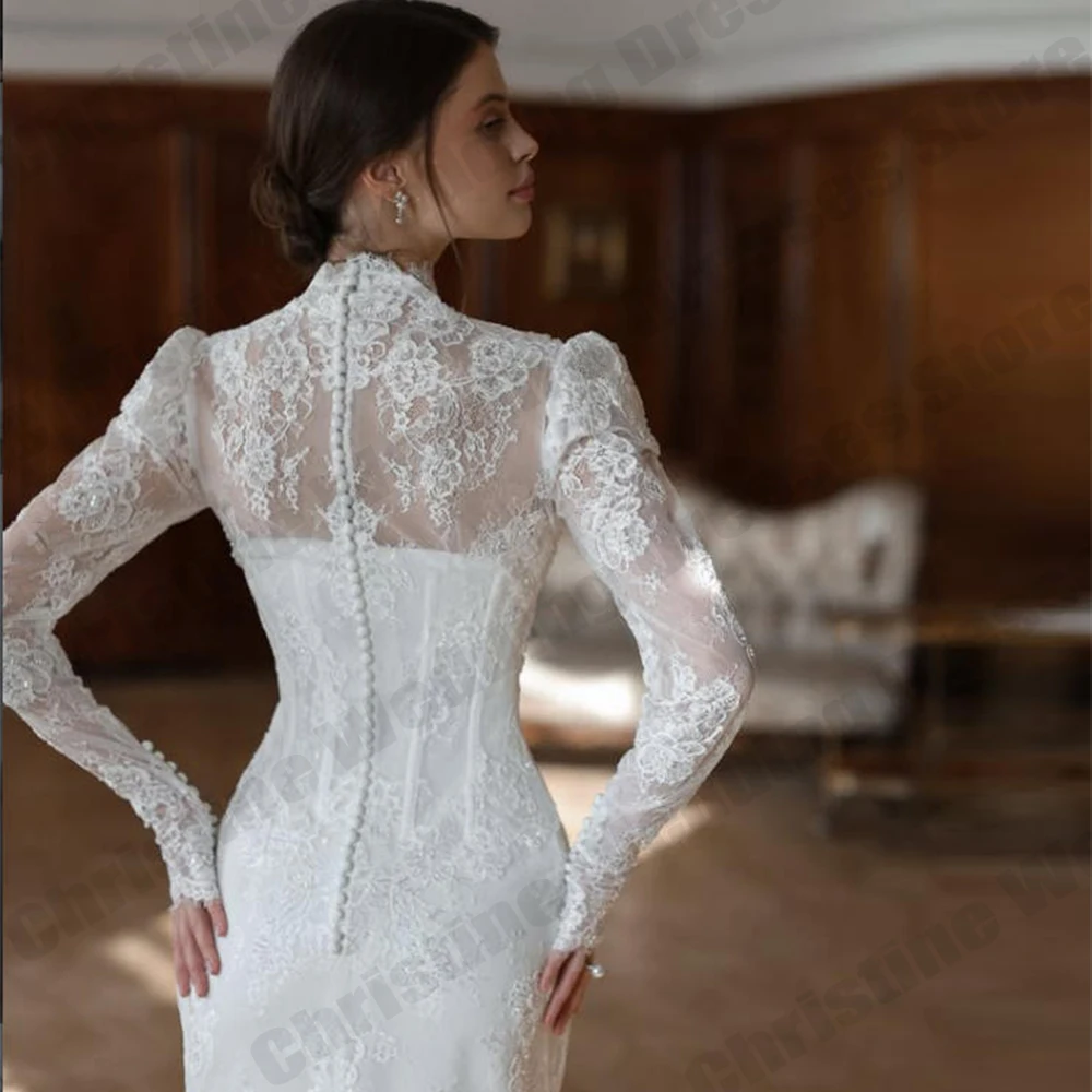 Ivory Women's Bridal Gowns Elegant High Collar Lace Long Sleeve Muslim Princess Prom Wedding Dresses Formal Party Customized De