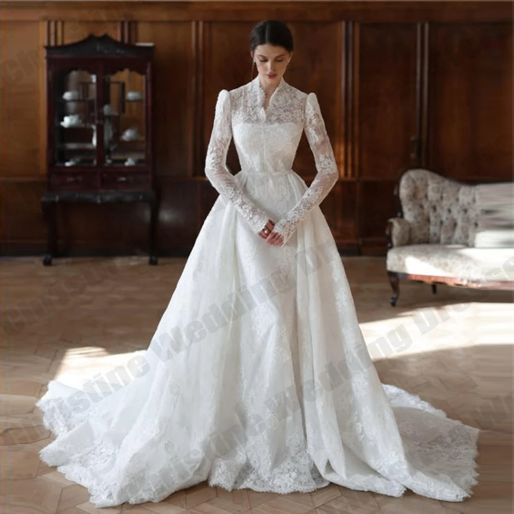 Ivory Women's Bridal Gowns Elegant High Collar Lace Long Sleeve Muslim Princess Prom Wedding Dresses Formal Party Customized De