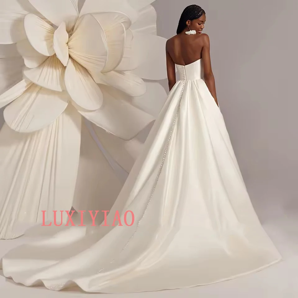 Wedding Dresses Africa Bridal Gown Small V Neck Sleeveless Pleat Body Draped A Line Satin Bride Dresses Sweep Train Customized