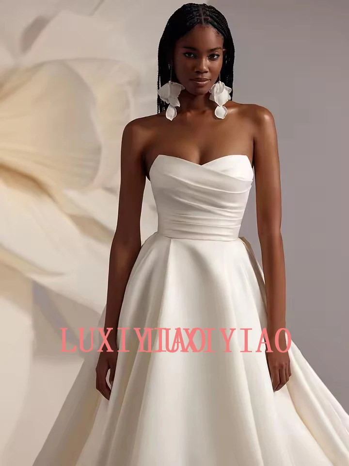 Wedding Dresses Africa Bridal Gown Small V Neck Sleeveless Pleat Body Draped A Line Satin Bride Dresses Sweep Train Customized