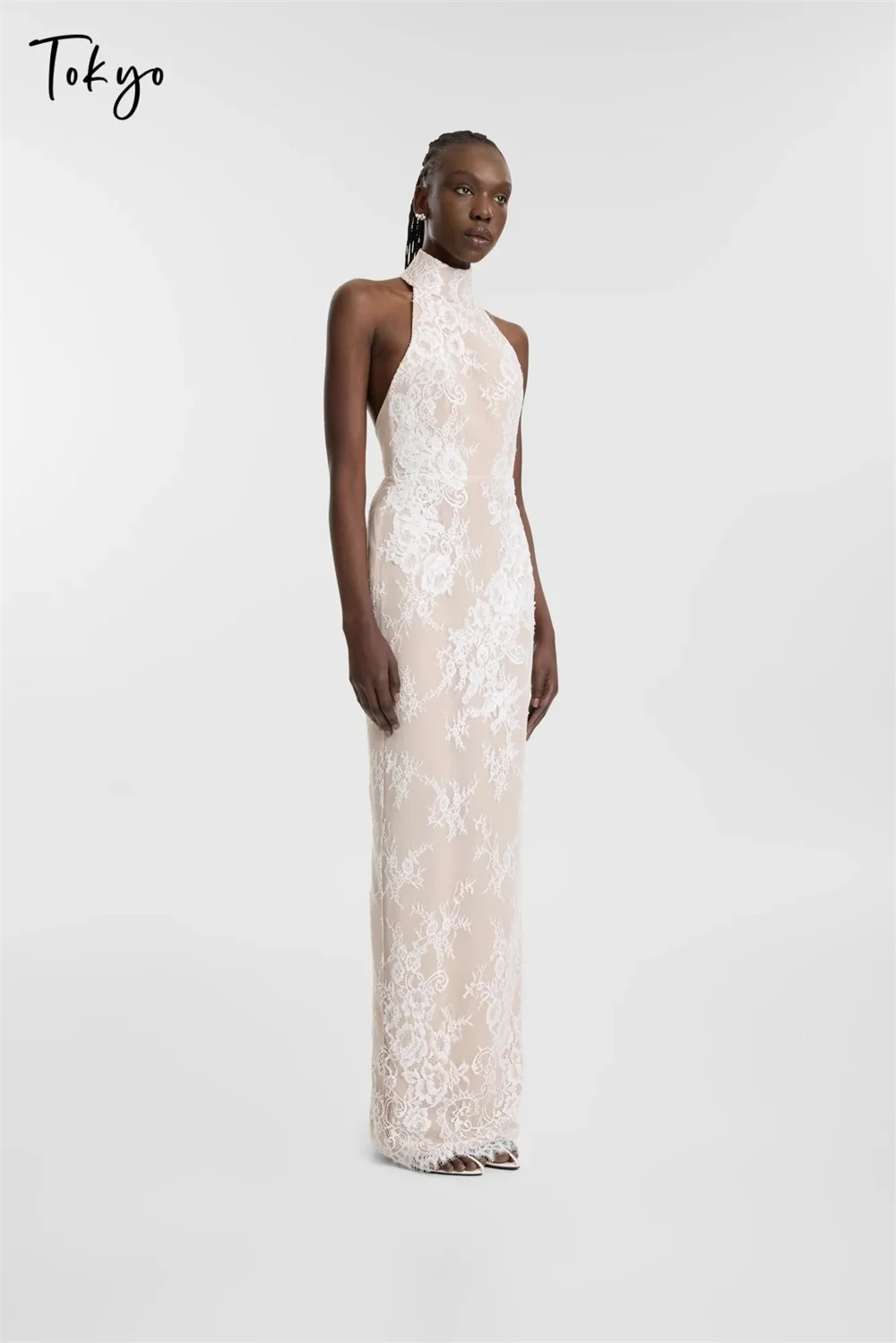 Tokyo Customized White Halter Necklink Wedding Dresses Sleeveless Backless Zip Bridal Gowns Elegant Floor-Length Wedding Gowns