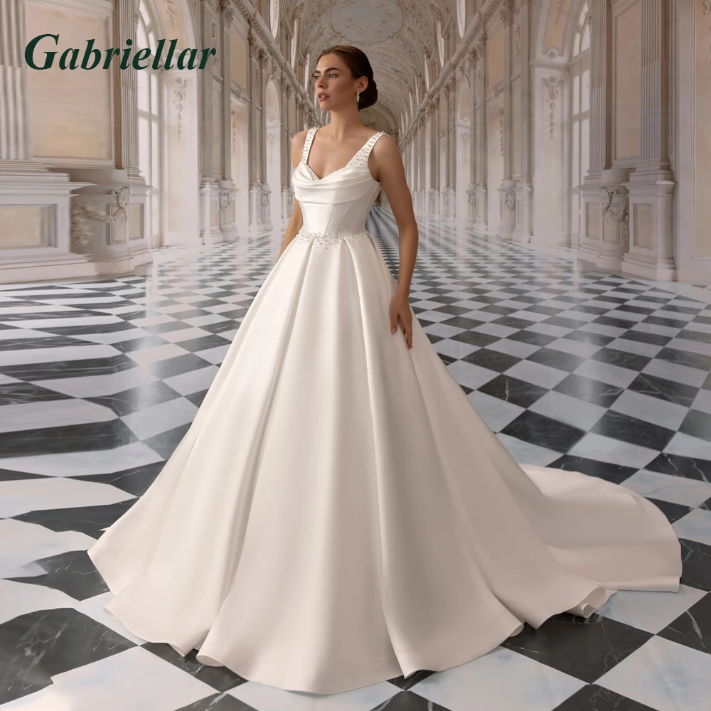 Gabriellar Pearls A-line Wedding Dresses Spaghetti Straps Bride Gown Backless Bride Dresses Classic Satin Vestidos Consumized