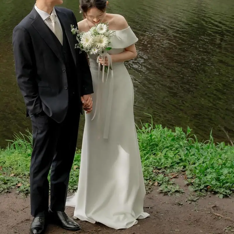 Elegant Mermaid Wedding Dresses Soft Satin Bridal Dress Off The Shoulder Floor-length Simple Vestidos De Novia Customized