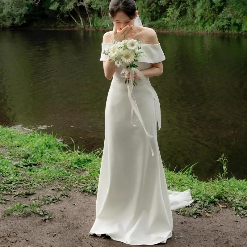 Elegant Mermaid Wedding Dresses Soft Satin Bridal Dress Off The Shoulder Floor-length Simple Vestidos De Novia Customized