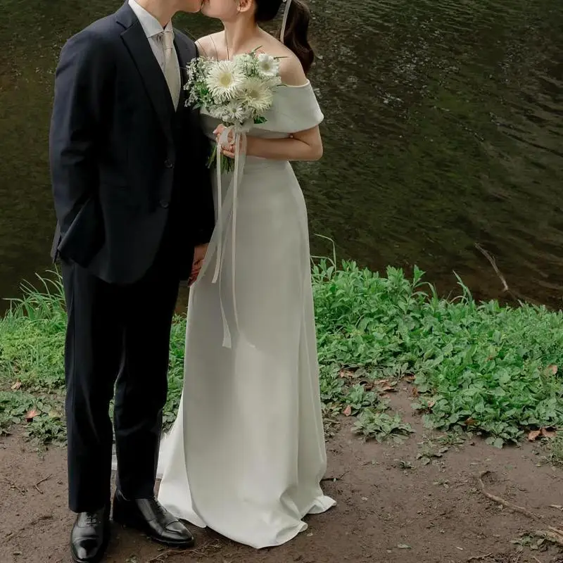 Elegant Mermaid Wedding Dresses Soft Satin Bridal Dress Off The Shoulder Floor-length Simple Vestidos De Novia Customized