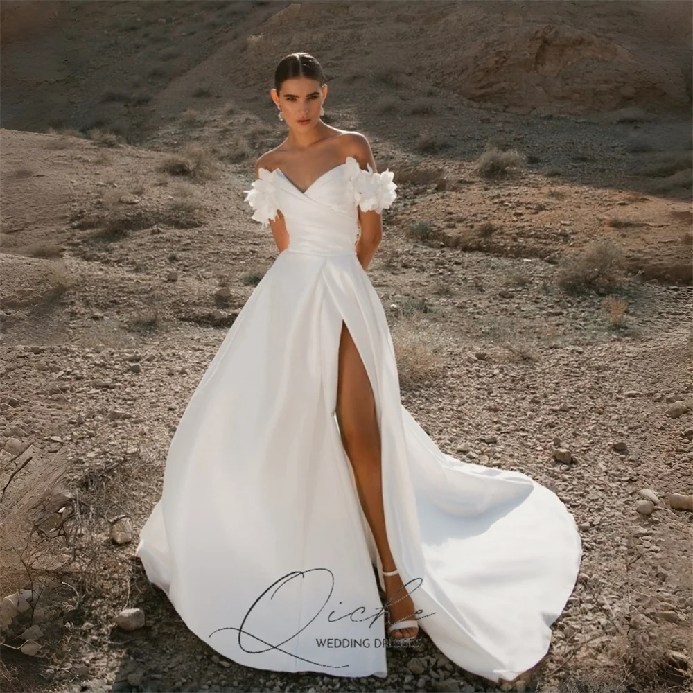 QICHE Modern Satin A-Line Wedding Dresses Women Flowers Off The Shoulder High Side Slit Open Back Vestidos De Noiva Customized
